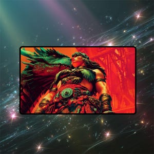 May include: Digital art print featuring a warrior and a dragon. The warrior, with long dark hair, is clad in ornate armor with a green and red color scheme. A green dragon is positioned behind the warrior. The background is a vibrant mix of red and orange.