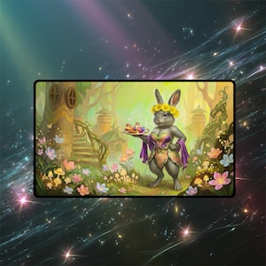 May include: A whimsical illustration of a gray rabbit wearing a flower crown and a floral dress, holding a tray of treats. The background features a fantasy forest with colorful flowers and mushroom accents.