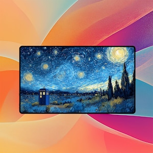 TARDIS Playmat | Magic the Gathering Playmat | Doctor Who Starry Night Fan Art Playmat with Zones Option