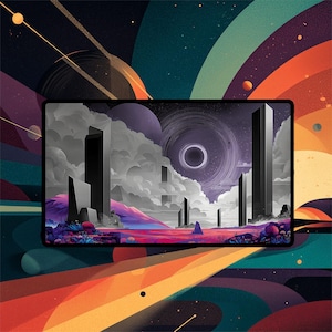 May include: Abstract digital art featuring a futuristic landscape with tall, dark structures against a backdrop of swirling clouds and a celestial body. The artwork is framed by a vibrant, colorful space-themed border with planets and arcs.
