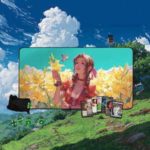 Aerith, die letzte alte Krabbeldecke | Fantasy Heldin mit Schmetterling & Lilienfeld TKG Mat | Premium Sammelkartenspiel Spielmatte