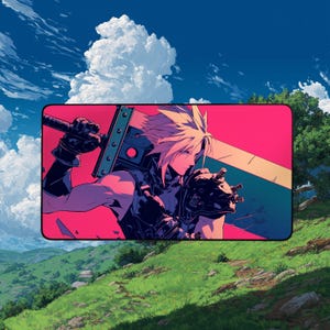 クラウド・ストライフ プレイマット | 大胆なアニメスタイルのファンタジーゲームマット | ヒロイック・ウォリアー TCG プレイマット