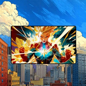 May include: A rectangular wall art print featuring a comic book style illustration of Captain Marvel with blonde hair, wearing a red, blue, and gold suit with a star emblem, surrounded by bright yellow energy bursts against a city skyline.