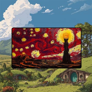 May include: A vibrant, artistic depiction of a hobbit village with a stylized, swirling night sky reminiscent of Van Gogh's "Starry Night." The artwork features a dark tower, a volcano, and rolling green hills with hobbit homes.