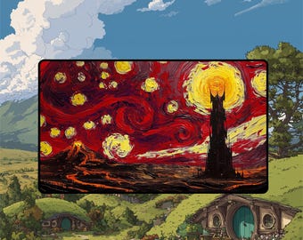 Tapete de juego Mordor Estrellado / Paisaje de Barad-dûr y el Monte del Destino con zonas MTG / 24x14 / 32x16