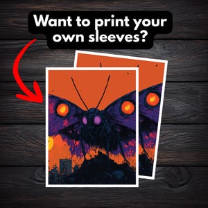 May include: Two art prints featuring a stylized moth illustration against an orange background. The moth is depicted in shades of purple and black, with orange and yellow accents. The prints are stacked, and the text "Want to print your own sleeves?" is at the top.