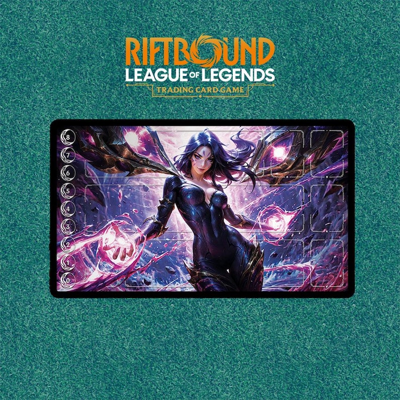 May include: A rectangular playmat for the "Riftbound League of Legends Trading Card Game." The mat features a fantasy illustration of a woman with purple hair and glowing orbs. The mat has numbered zones and the game's logo.