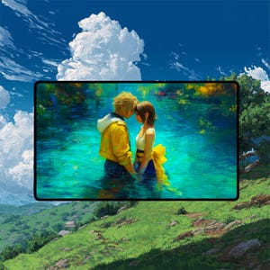 Tidus and Yuna Playmat | Final Fantasy Playmat | Lake Macalania Playmat with Zones Option | 24x14 | 22x12 | 32x16 Sizes