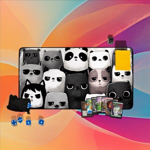 Tapete de juego con diseño de animales kawaii / Tapete de juego de cartas coleccionables minimalista divertido en blanco y negro