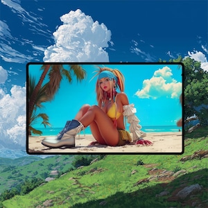 Rikku Beach Vibes Krabbeldecke | Final Fantasy Krabbeldecke | Mutige & schöne Fantasy Tcg Spielmatte mit Option für Bereiche | 24x14cm | 22x12mm | 32x16 Größen