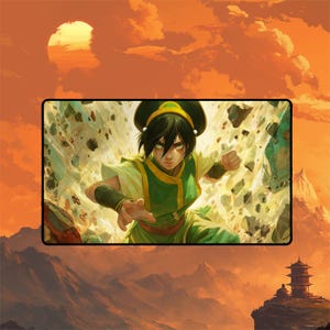 Op de afbeelding: Een levendige illustratie van Toph Beifong, een personage uit Avatar: The Last Airbender, in een dynamische pose. Ze draagt groene en gele kleding, met een vastberaden uitdrukking. De achtergrond toont een zonsondergang en rotsachtige elementen.