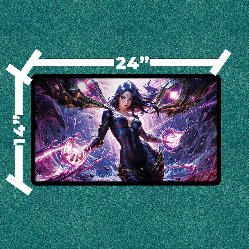 May include: A rectangular mousepad featuring a fantasy illustration of a woman with purple hair and wings, holding glowing orbs. The mousepad measures 24 inches by 14 inches.