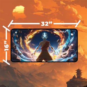 May include: A rectangular playmat, 81 cm long and 41 cm wide, featuring a character from Avatar: The Last Airbender. The design includes a central figure with glowing eyes, surrounded by flames and rocks, with the word "BATTLEFIELD" at the top.
