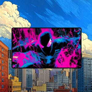 May include: Comic book style illustration of a superhero in a black suit with blue and pink energy effects. The superhero is set against a cityscape with a blue sky and clouds.