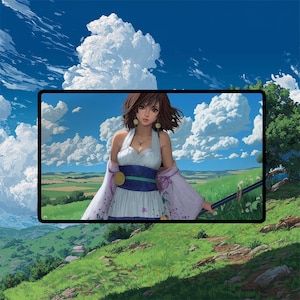 Yuna Grand Summoner Playmat | Final Fantasy Playmat | Pastel Punk Pin-Up Sorceress with Zones Option | 24x14 | 22x12 | 32x16 Sizes