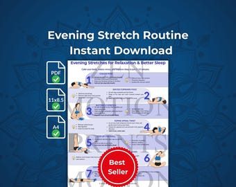 Nighttime Stretch Routine Printable PDF | Bedtime Yoga for Better Sleep, Relaxation | Sleep Aid Fitness & Mobility Plan
