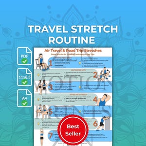 Routine di stretching da viaggio stampabile: 7 esercizi di stretching in volo per migliorare la circolazione, alleviare il mal di schiena, l'ansia da volo e il jet lag / Poster PDF digitale