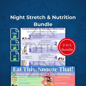 Paquete de estiramientos nocturnos y nutrición / Cura del insomnio, rutina para dormir mejor, yoga para la hora de dormir (PDF) y guía imprimible para dormir