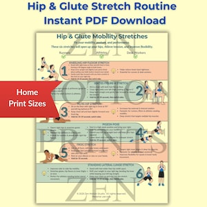 May include: A colorful infographic with six illustrated exercises for hip and glute mobility stretches. The infographic is titled "Hip & Glute Stretch Routine" and includes the text "Instant PDF Download". The exercises are labeled with numbers 1 through 6 and include the following titles: Kneeling Hip Flexor Stretch, Seated Figure 4 Stretch, 90/90 Hip Stretch, Pigeon Pose, Frog Stretch, and Standing Lateral Lunge Stretch.
