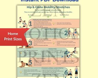 Hip & Glute Stretch Routine Printable – Relieve Tight Hips, Sciatica + Improve Mobility | PDF Download | A4 + US Letter | Home or Gym Use