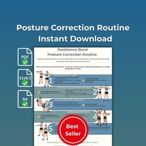 Posture Correction Stretches Printable, Resistance Band Back Pain Relief PDF | Digital A4 US Letter