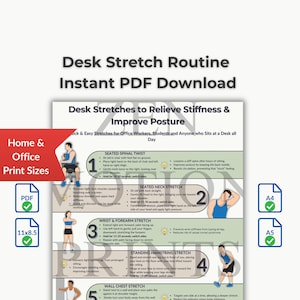 Op de afbeelding: Een digitale poster getiteld Desk Stretch Routine Instant PDF Download met vijf genummerde illustraties van mensen die rekoefeningen doen. De tekst bevat Desk Stretches to Relieve Stiffness & Improve Posture, inclusief instructies voor elke oefening.