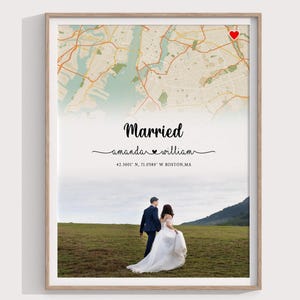 Personalised Wedding Print & Frame Gift | Anniversary Engagement First Date Couple Heart Minimalist Map Home Decor Married Valentines Unique
