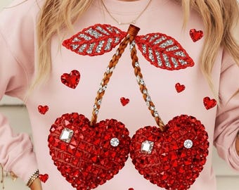 Valentine Cherry Heart PNG: Rhinestone Jeweled Design (Digital Download)