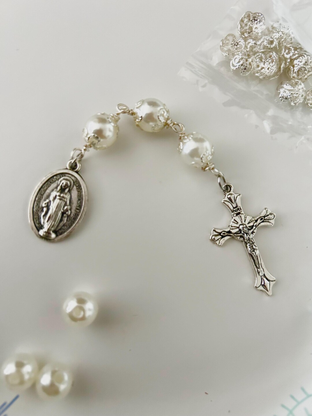 Three Bead Hail Mary, Catholic Rosary Our Lady of Miracles, With Silver ...