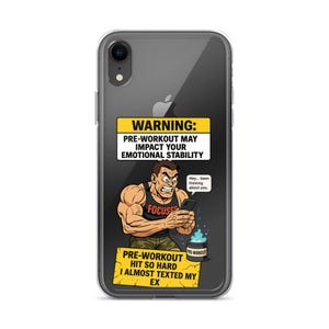 面白いジム漫画のクリアiPhoneケース - トレーニング前の警告、筋肉男のデザイン、ジム愛好家へのフィットネスユーモアギフト