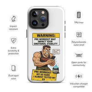 おもしろいジム漫画風タフiPhoneケース - トレーニング前の警告、筋肉男のデザイン、ジム好きのためのフィットネスユーモア