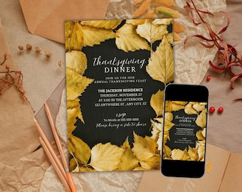 May include: Thanksgiving dinner invitation with a black background and gold leaves. The text reads "Thanksgiving Dinner" and includes event details. A smartphone displays the invitation. The invitation is surrounded by autumn-themed decorations.