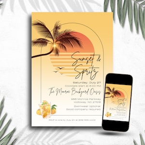 Może przedstawiać: Zaproszenie na wydarzenie "Sunset & Spritz", z projektem zachodu słońca z palmą i szczegółami wydarzenia. Smartfon wyświetla to samo zaproszenie. Zaproszenie zawiera datę, godzinę i miejsce.