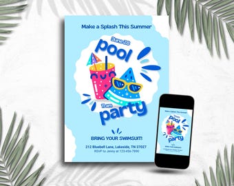 Pool Party Invitation: Editable Kids Summer Birthday Canva Template (Digital Download)