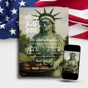 Invito modificabile per barbecue Lady Liberty / Modello Canva patriottico per il 4 luglio / Grigliata stampabile con colori vivaci rosso, bianco e blu / Design statua