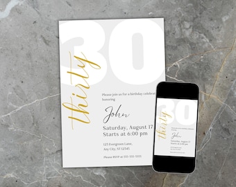 Bewerkbare 30e verjaardagsuitnodiging | Moderne mijlpaalvieringsuitnodiging | Elegant feest voor volwassenen