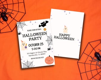 May include: Two Halloween party invitations on an orange background with spiderwebs and spiders. One invitation reads "HALLOWEEN PARTY OCTOBER 25 5:00 PM". The other says "HAPPY HALLOWEEN".