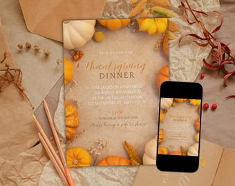 May include: Thanksgiving dinner invitation with pumpkins and fall foliage. The invitation is on a beige background with the text "Thanksgiving Dinner". A smartphone displays the same invitation. Pencils and dried leaves are also present.