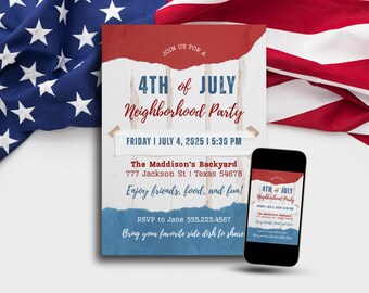 Invitation à une fête de quartier du 4 juillet : barbecue patriotique, modèle de toile modifiable (téléchargement numérique)