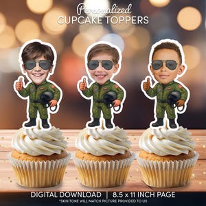 Fighter Pilot Face Cupcake Toppers | Personalized Party Decor | Custom Cake Decorations | Digital Download File | Fighter Pilot Birthday Top