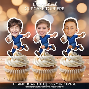 May include: Three cupcakes topped with personalized rugby player toppers. The toppers feature cartoon illustrations of children in blue uniforms, holding rugby balls. The cupcakes have white frosting. Text on the image reads "Personalized CUPCAKE TOPPERS" and "DIGITAL DOWNLOAD | 8.5 x 11 INCH PAGE".