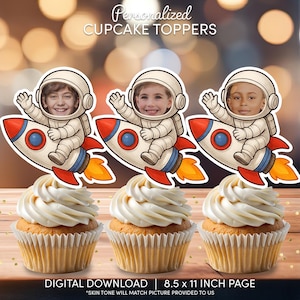 Astronaut Face Cupcake Toppers | Personalized Party Decor | Custom Cake Decorations | Digital Download File | Astronaut Birthday Rocket