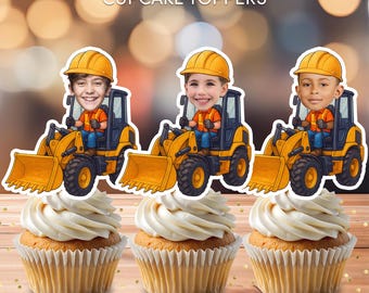 May include: Three cupcakes with white frosting are displayed below personalized cupcake toppers. The toppers feature cartoon images of children in construction worker outfits driving yellow construction vehicles. The text "Personalized CUPCAKE TOPPERS" is at the top.