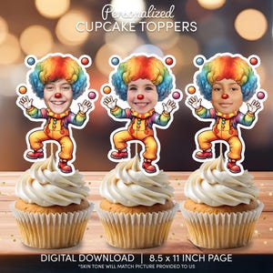 Circus Clown Face Cupcake Toppers | Personalized Party Decor | Custom Cake Decorations | Digital Download File | Circus Clown Birthday Party