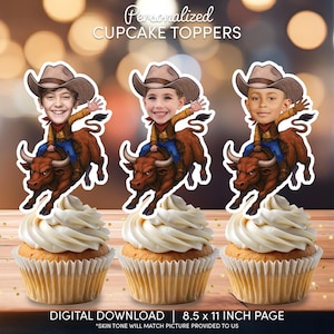 May include: Three personalized cupcake toppers featuring cartoon images of children riding a bucking bull. The toppers are printed on 8.5 x 11 inch paper and are ready to be cut out and used.