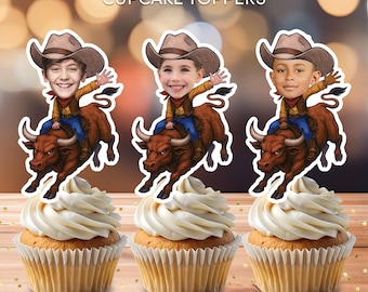 Cowboy Face Cupcake Toppers | Personalized Party Decor | Custom Cake Decorations | Digital Download File | Cowboy Birthday Party Rodeo Bull