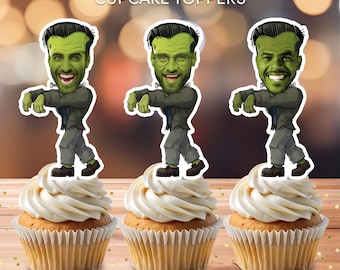 May include: Three green Frankenstein cupcake toppers with different facial expressions. The toppers are printed on 8.5 x 11 inch paper and are ready to be cut out and used for Halloween parties.