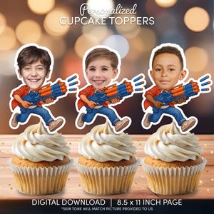 Könnte beinhalten: Drei Cupcakes mit weißem Zuckerguss, jeweils verziert mit einem personalisierten Cartoon-Bild eines Kindes, das eine Spielzeugpistole hält. Das Bild enthält den Text "Personalized CUPCAKE TOPPERS" und "DIGITAL DOWNLOAD | 8.5 x 11 INCH PAGE".