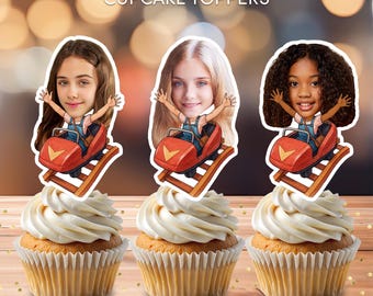 Adornos personalizados para cupcakes con cara de montaña rusa para fiesta de cumpleaños (descarga digital)