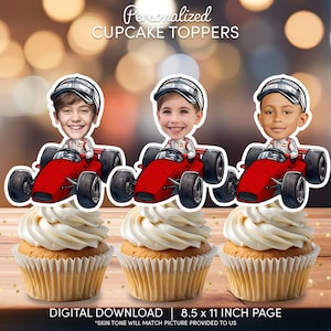 Race Car Driver Face Cupcake Toppers | Personalized Party Decor | Custom Cake Decorations | Digital Download File | Race Car Birthday Red